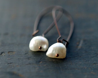 Pearl Dangle Earrings, Rustic Copper White Freshwater Pearl Earrings, June Birthstone Jewelry