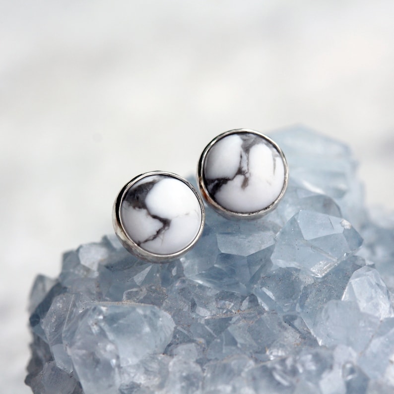 White Howlite Stud Earrings, White Stud Earrings, Sterling Silver, Black Pattern Gemstone Studs, Modern Stud Earrings image 2