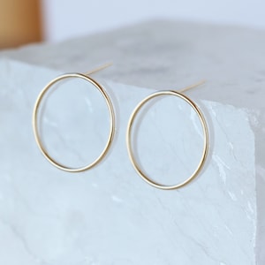 Gold Circle Stud Earrings, Simple Open Circle Earrings, Solid 14k Gold Jewelry