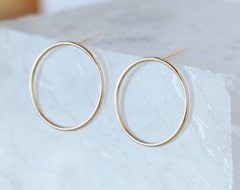 Gold Circle Stud Earrings, Simple Open Circle Earrings, Solid 14k Gold Jewelry
