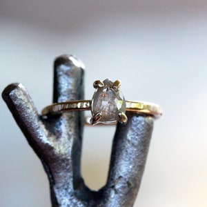 Rose Cut Pear Natural Diamond Ring, Unique Engagement Ring, 14k Yellow Gold Hammered Band image 6