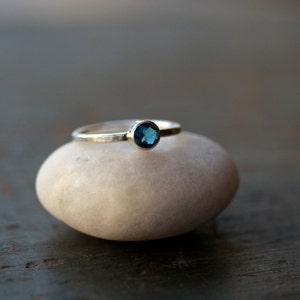 London Blue Topaz Ring, Sterling Silver Hammered Band, Simple Silver Gemstone Ring image 4
