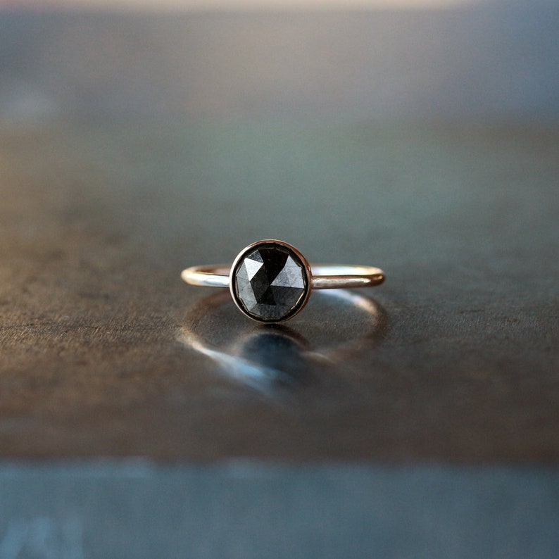 Black Diamond Ring, Large Round Rose Cut Diamond, Solid 14k Yellow Gold Ring, Unique Engagement Ring image 3