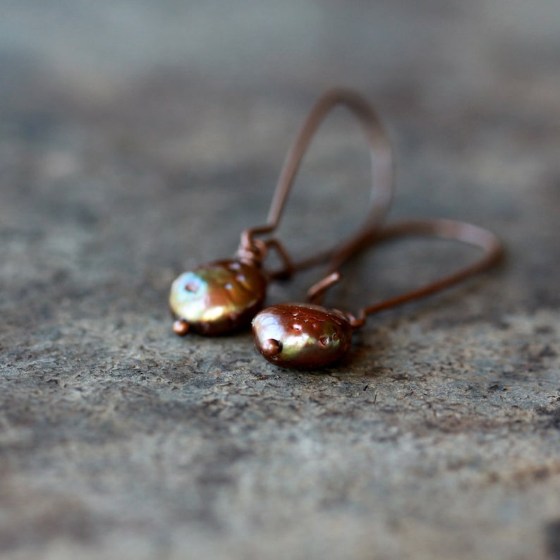 Freshwater Pearl Earrings, Chocolate Bronze Pearl Drops, Rustic Copper Earrings image 2