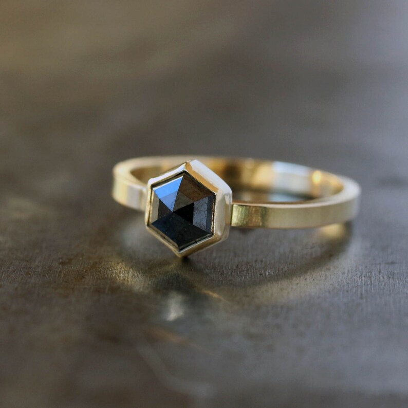 Black Diamond Hexagon Ring Rose Cut Hexagonal Diamond 18k Etsy