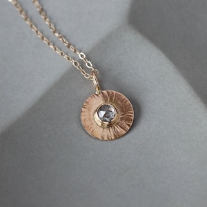 Salt and Pepper Diamond Pendant, Natural Rose Cut Diamond Solid 14k Gold Necklace, Sunburst Hammer Pattern Gold Disc Necklace image 7