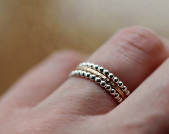 Stacking Ring Set of 3 Mixed Metal Rings / Silver Dotted Bands, Solid 14k Gold Hammered Band