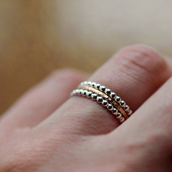 Stacking Ring Set of 3 Mixed Metal Rings / Silver Dotted Bands