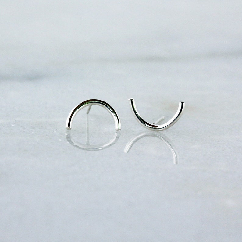 Silver Half Circle Studs, Crescent Moon Earrings, Sterling Silver Simple Everyday Style, Minimalist Jewelry image 1