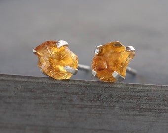 Raw Citrine Studs, Rough Citrine Stud Earrings, Sterling Silver Prong Set Gems, November Birthstone Jewelry