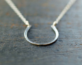 May include: A silver horseshoe necklace on a wooden background.