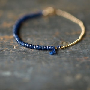 Blue Sapphire Beaded Bracelet, Precious Gemstone Bracelet, 14k Gold Filled Chain, September Birthstone Bracelet image 3