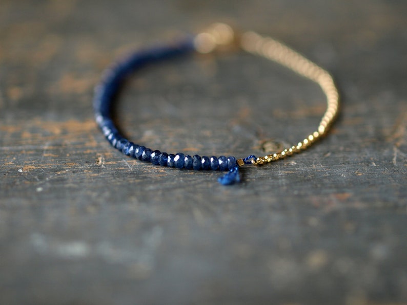 Blue Sapphire Beaded Bracelet, Precious Gemstone Bracelet, 14k Gold Filled Chain, September Birthstone Bracelet image 3