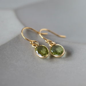 Peridot Drop Earrings, Oval Faceted Gemstone Dangles in Gold, Dainty August Birthstone Jewelry image 3