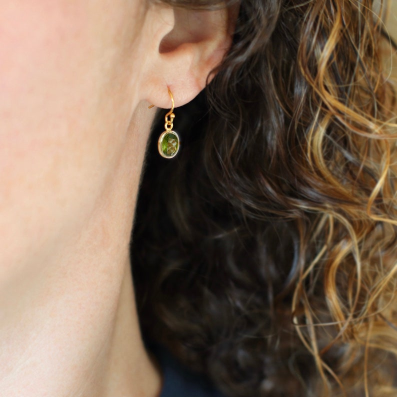 Peridot Drop Earrings, Oval Faceted Gemstone Dangles in Gold, Dainty August Birthstone Jewelry image 4