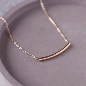 Rose Gold Bar Necklace, Dainty 14k Rose Gold Fill Curved Bar Minimalist Necklace