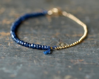 Blue Sapphire Beaded Bracelet, Precious Gemstone Bracelet, 14k Gold Filled Chain, September Birthstone Bracelet