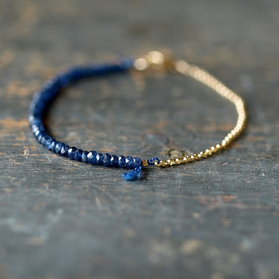 Blue Sapphire Beaded Bracelet, Precious Gemstone Bracelet, 14k Gold Filled  Chain, September Birthstone Bracelet 