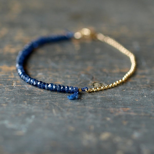 Blue Sapphire Beaded Bracelet, Precious Gemstone Bracelet, 14k Gold Filled Chain, September Birthstone Bracelet