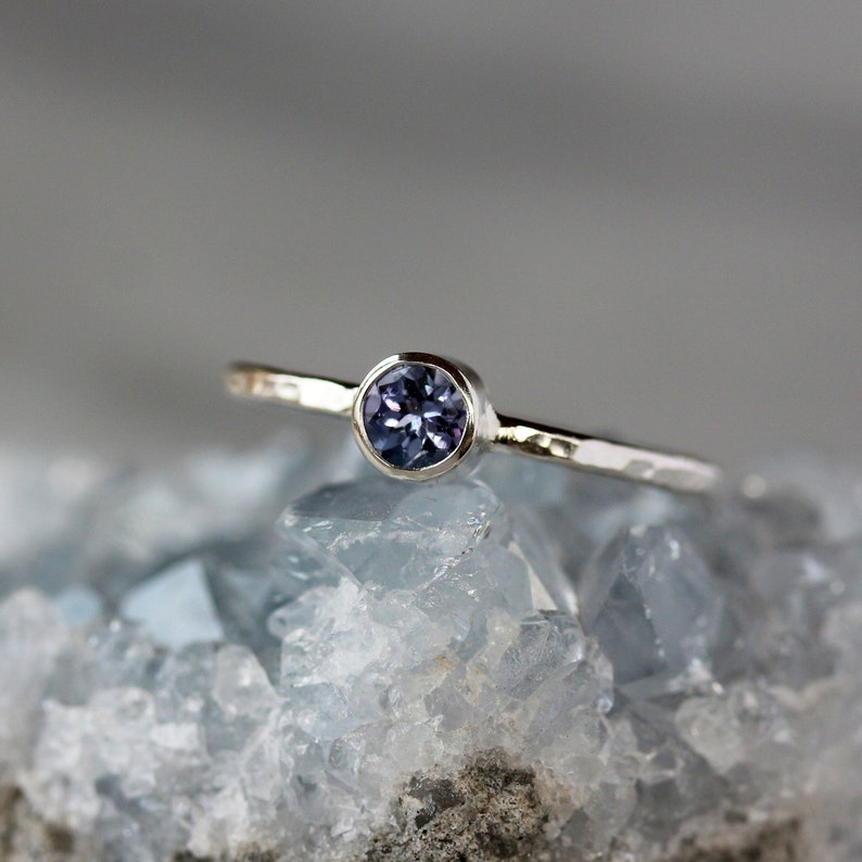 Tanzanite Ring Silver, Sterling Silver Hammered Band, December Birthstone Ring, Simple Gemstone Ring, Dainty Silver Ring image 3