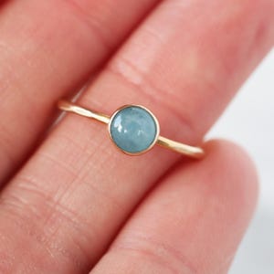 Aquamarine Ring Gold, Solid 14k Gold Hammered Band, March Birthstone Jewelry