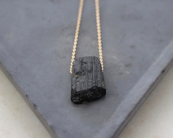 Raw Tourmaline Necklace, Black Stone Rough Gemstone Jewelry, Sterling Silver or 14k Gold Filled Chain