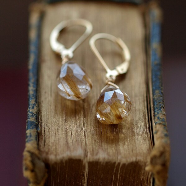 Golden Rutilated Quartz Earrings Gold Filled Leverback Faceted Gemstone Handmade Jewelry