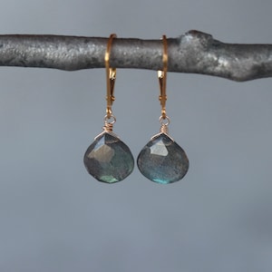 Labradorite Drop Earrings, Gray Gemstones with Blue Green Flash on Gold Filled Lever Back Closure, Sparkly Lightweight Earrings image 4