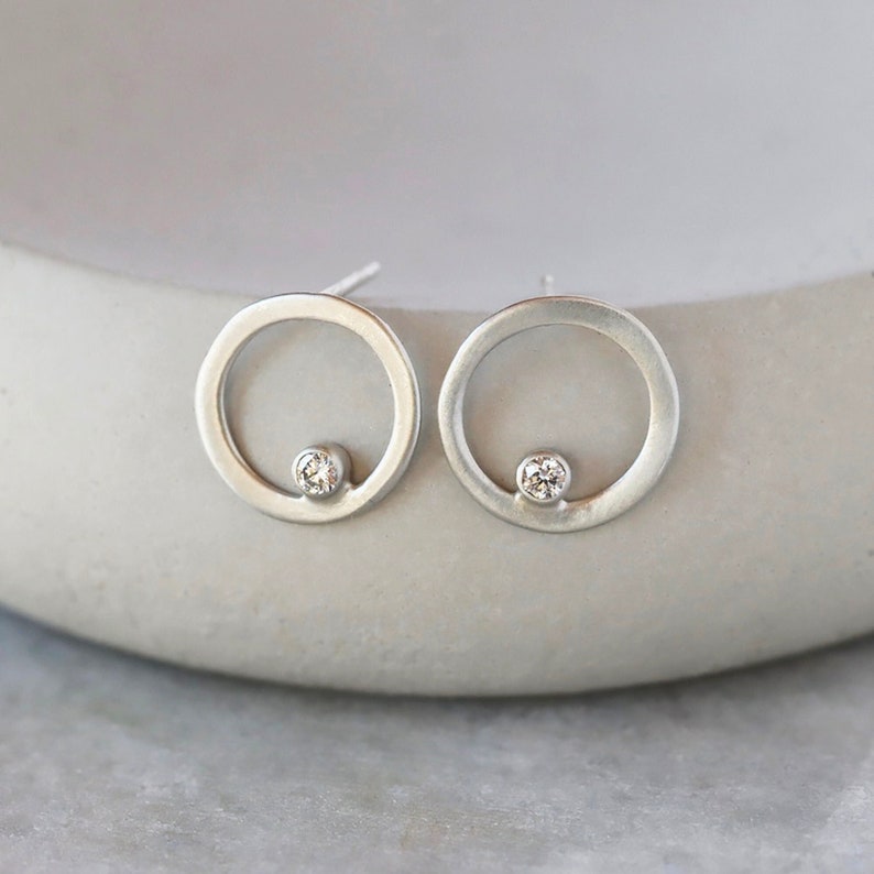 Genuine Diamond Open Circle Earrings, Brushed Sterling Silver Diamond Circle Studs, Open Circle Diamond Stud Earrings image 1