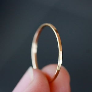 14k Gold Slim Ring, Hammered Facets Wedding Band, Gold Stacking Ring