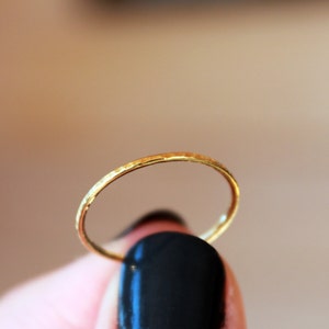 18k Yellow Gold Hammered Stacking Ring: Skinny Recycled Gold Wedding Band