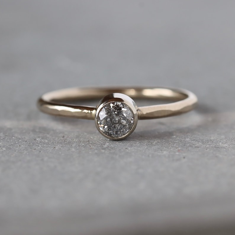 Salt and Pepper Diamond Ring 14k Palladium White Gold Hammered Faceted Band Simple Diamond Ring image 5