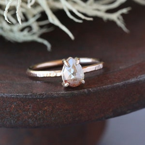 Rose Cut Pear Natural Diamond Ring, Unique Engagement Ring, 14k Yellow Gold Hammered Band image 4