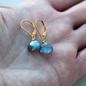 Labradorite Drop Earrings, Gray Gemstones with Blue Green Flash on Gold Filled Lever Back Closure, Sparkly Lightweight Earrings image 6