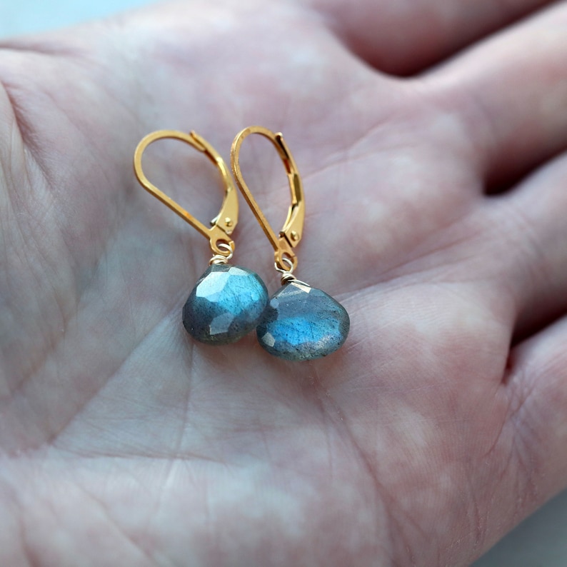 Labradorite Drop Earrings, Gray Gemstones with Blue Green Flash on Gold Filled Lever Back Closure, Sparkly Lightweight Earrings image 6