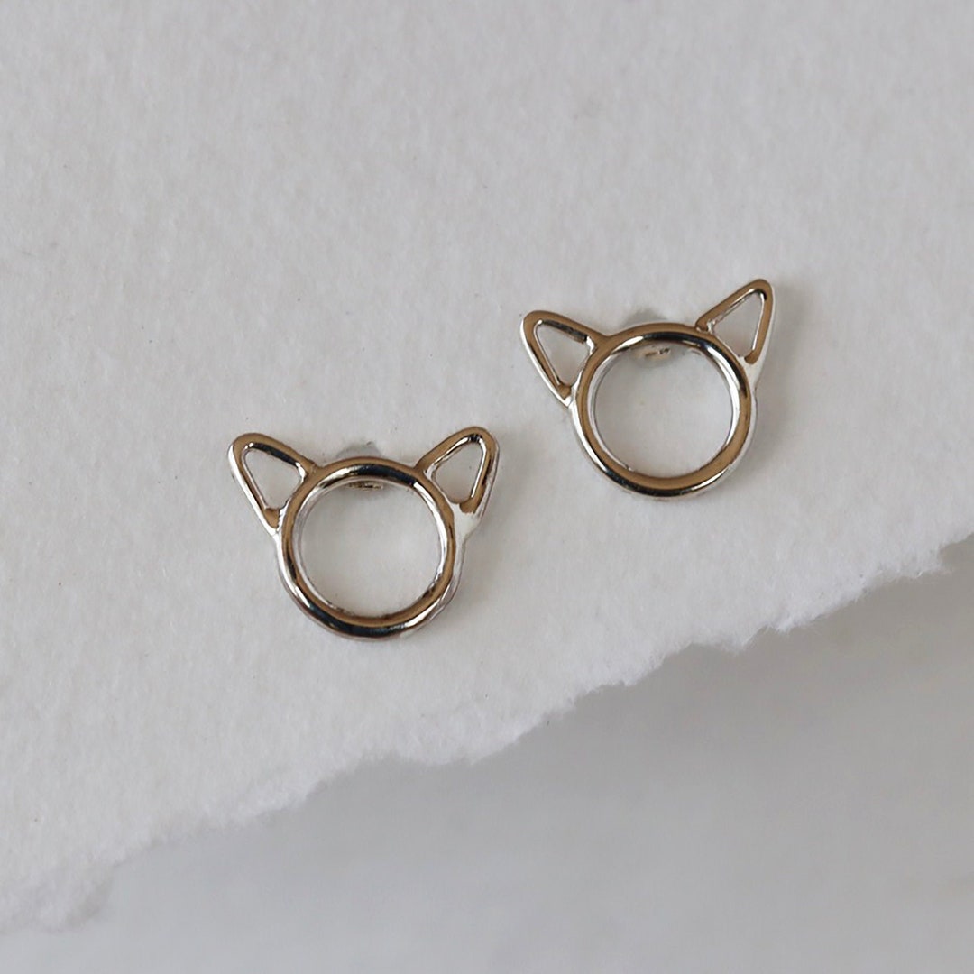 Silver Cat Studs, Small Open Cat Face Earrings in Sterling Silver ...