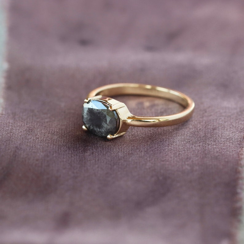 Oval Diamond Ring, 14k Yellow Gold Prong Set Salt and Pepper Diamond, East West Prong Setting on Polished Band image 6