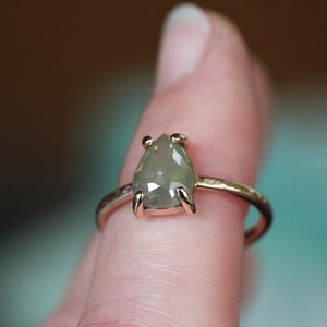 Rose Cut Pear Natural Diamond Ring, Unique Engagement Ring, 14k Yellow Gold Hammered Band image 7