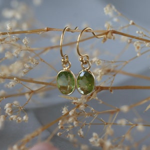 Peridot Drop Earrings, Oval Faceted Gemstone Dangles in Gold, Dainty August Birthstone Jewelry image 2