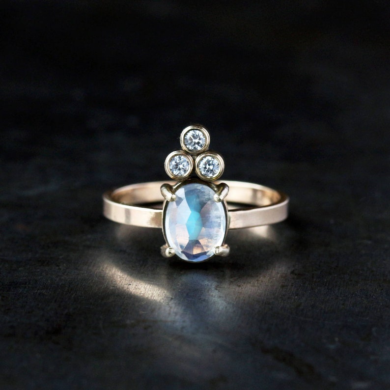 Oval Moonstone Engagement Ring Diamond Crown Ring Solid 14k - Etsy