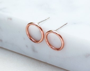 Open Circle Copper Earrings, Copper Circle Earrings, Sterling Silver Post Minimal Earrings, Handmade Copper Studs