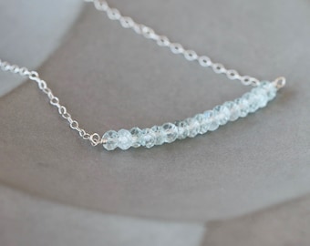 Aquamarine Bar Necklace - Beaded Gemstone Necklace with Sterling Silver or Gold Filled Chain - March Birthstone Jewelry