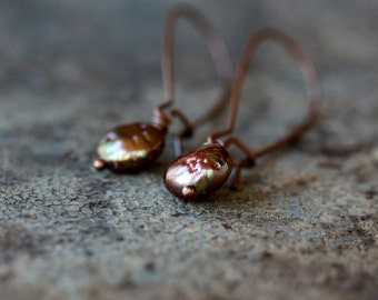 Freshwater Pearl Earrings, Chocolate Bronze Pearl Drops, Rustic Copper Earrings