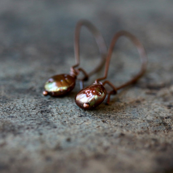 Freshwater Pearl Earrings, Chocolate Bronze Pearl Drops, Rustic Copper Earrings