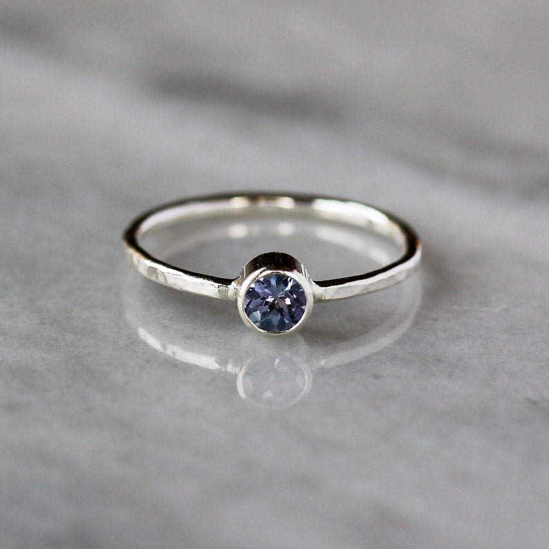 Tanzanite Ring Silver, Sterling Silver Hammered Band, December Birthstone Ring, Simple Gemstone Ring, Dainty Silver Ring image 2