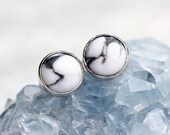 White Howlite Stud Earrings, White Stud Earrings, Sterling Silver, Black Pattern Gemstone Studs, Modern Stud Earrings