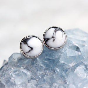 White Howlite Stud Earrings, White Stud Earrings, Sterling Silver, Black Pattern Gemstone Studs, Modern Stud Earrings