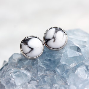 White Howlite Stud Earrings, White Stud Earrings, Sterling Silver, Black Pattern Gemstone Studs, Modern Stud Earrings