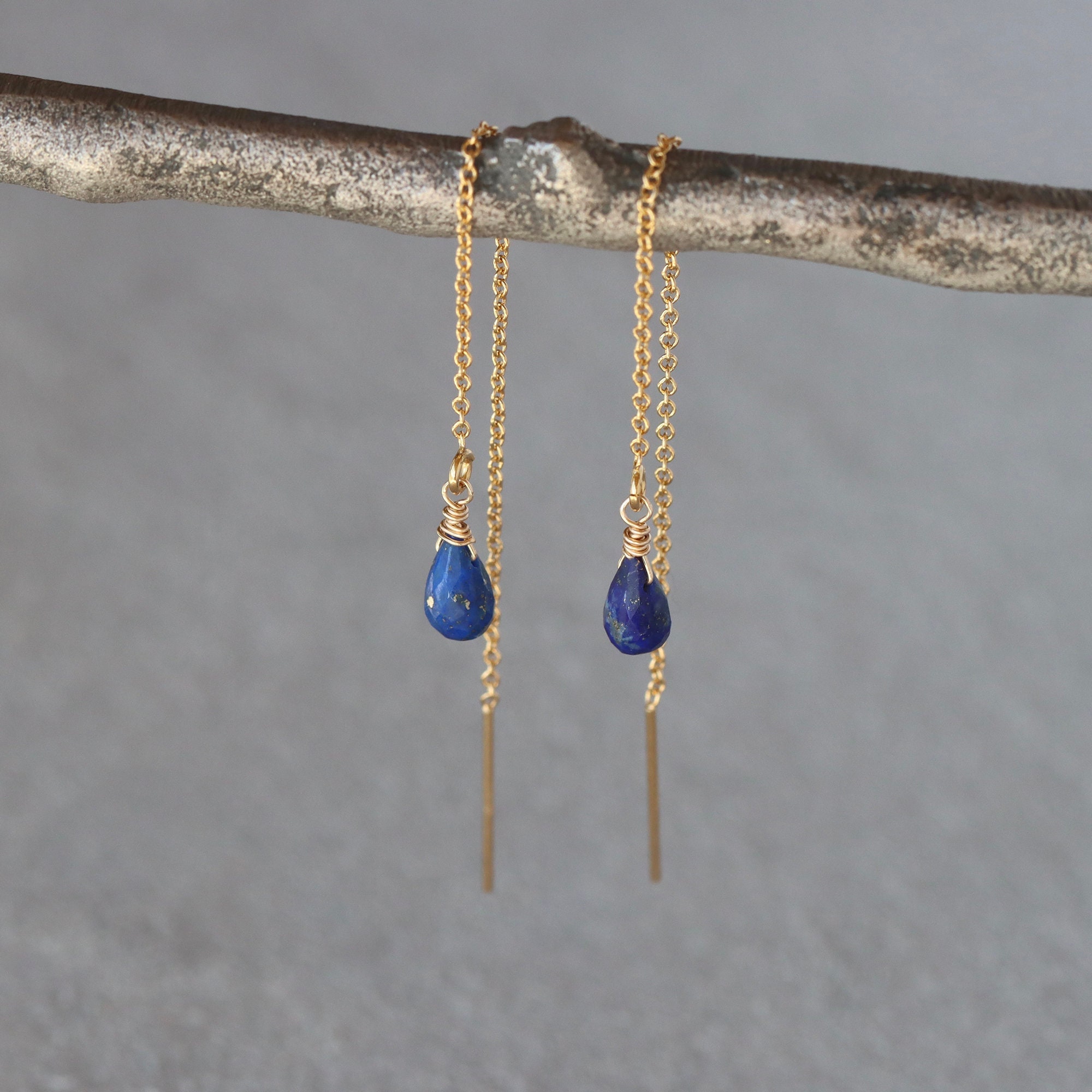 Lapis Lazuli Threader Earrings Long Wavy Sterling Silver Lapis Lazuli Threader Earrings Long Wavy Sterling Silver