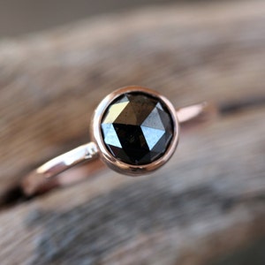 Rose Cut Black Diamond Ring, Solid 14k Rose Gold Hammered Band, Black Diamond Engagement Ring image 4